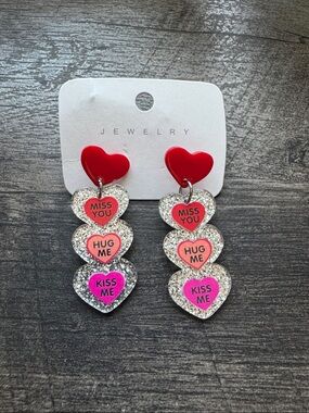 Red Heart Drop Earrings with Glitter Conversation Hearts